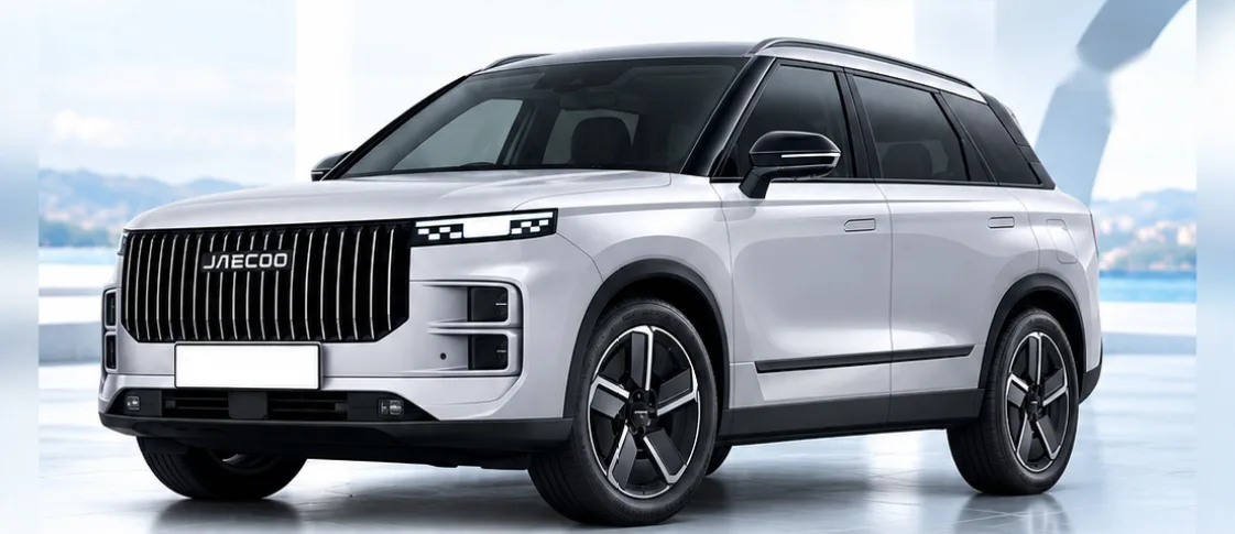 Jaecoo 7, front three-quarter view. Image for illustration; specification and colour may differ.