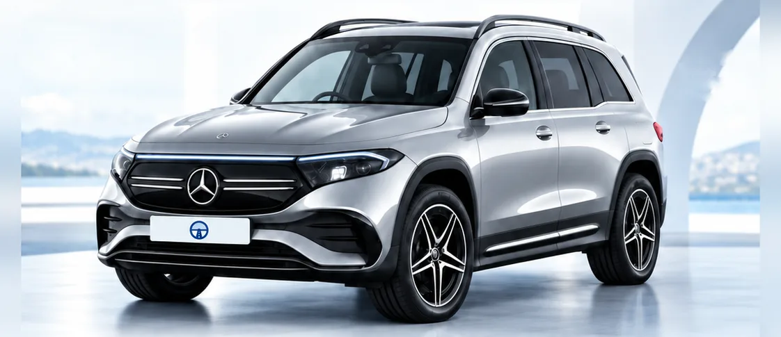 Mercedes-Benz EQB, front three-quarter view. Image for illustration; specification and colour may differ.