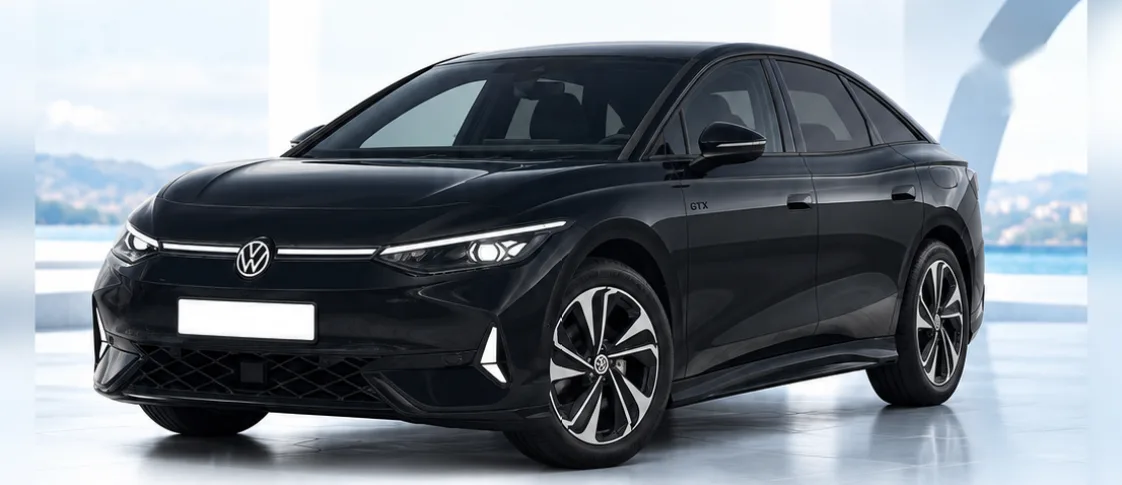 Volkswagen ID.7, front three-quarter view. Image for illustration; specification and colour may differ.