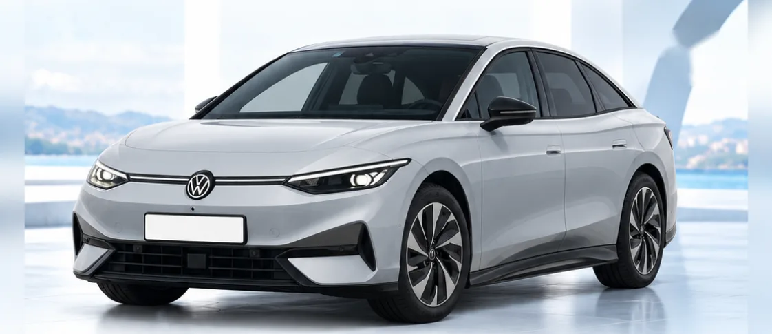 Volkswagen ID.7, front three-quarter view. Image for illustration; specification and colour may differ.